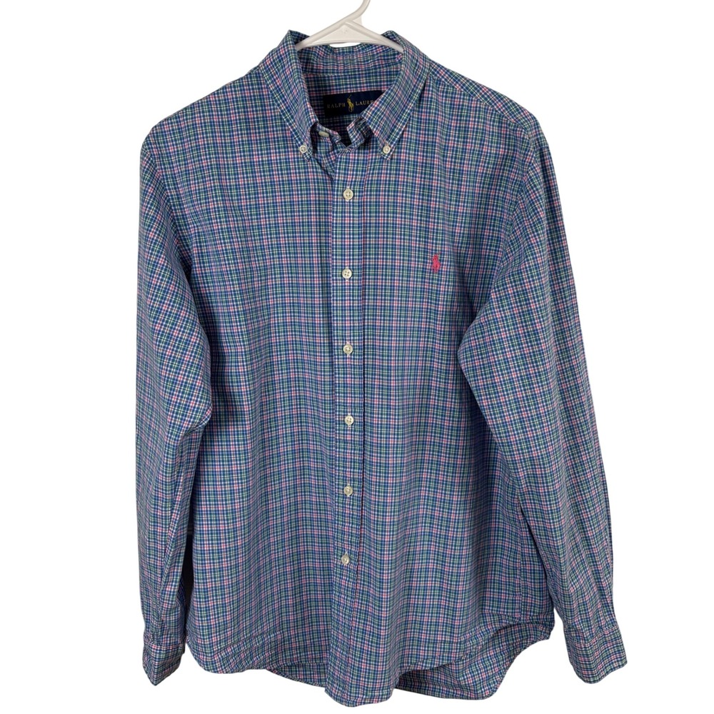 Ralph Lauren Button-Down Shirt Men's M Blue Pink Plaid Long Sleeve Cotton Pony